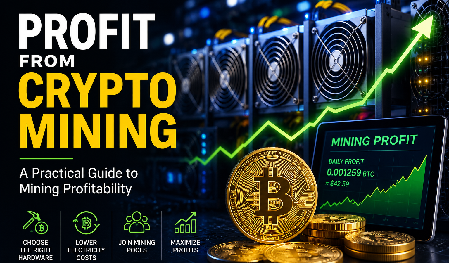 Bitcoin mining rig with profit chart, Bitcoin coins, and rising arrow illustrating crypto mining profitability.
