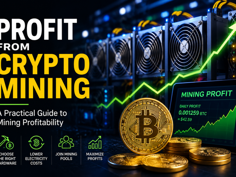 Bitcoin mining rig with profit chart, Bitcoin coins, and rising arrow illustrating crypto mining profitability.