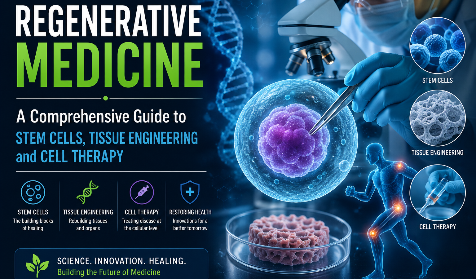 Regenerative medicine illustration showing stem cells, tissue engineering, cell therapy, DNA, a microscope, and laboratory-grown tissue.