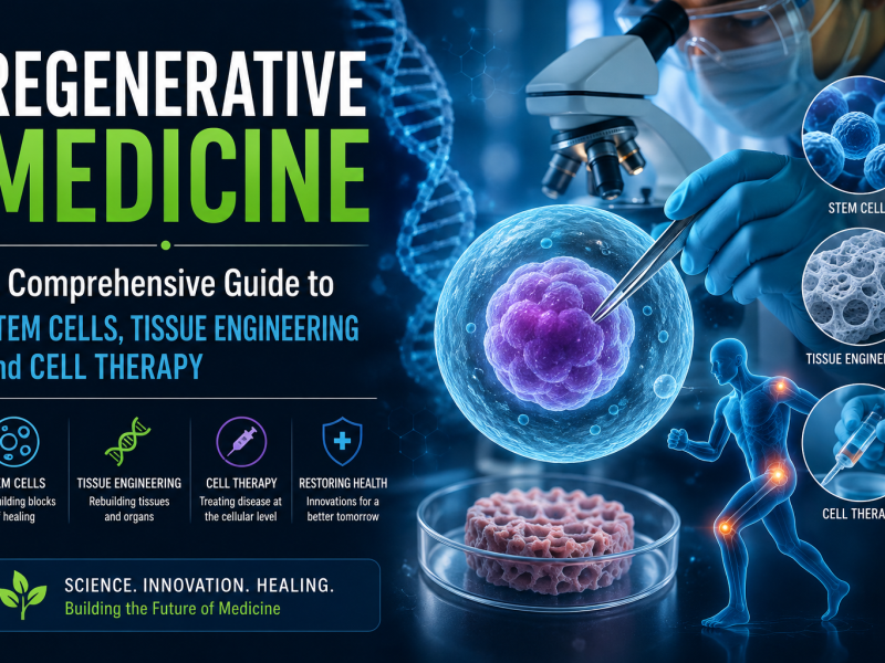 Regenerative medicine illustration showing stem cells, tissue engineering, cell therapy, DNA, a microscope, and laboratory-grown tissue.