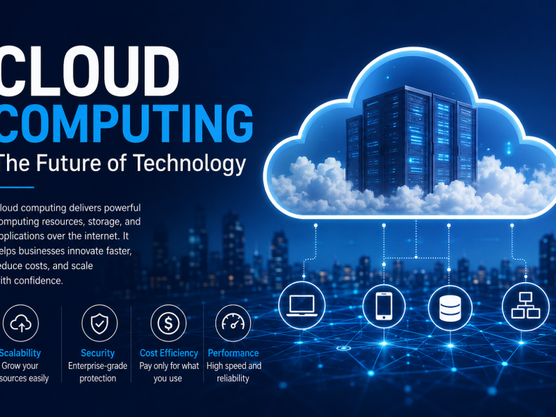 Cloud computing technology with cloud servers, connected devices, scalability, security, cost efficiency, and performance benefits.