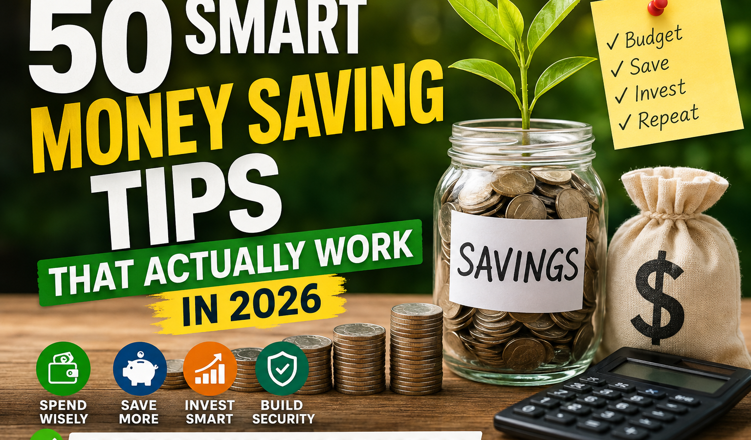 Illustration of a savings jar filled with coins, a growing plant, calculator, money bag, and stacked coins beside the headline '50 Smart Money Saving Tips That Actually Work in 2026,' representing budgeting, saving, investing, and financial freedom.