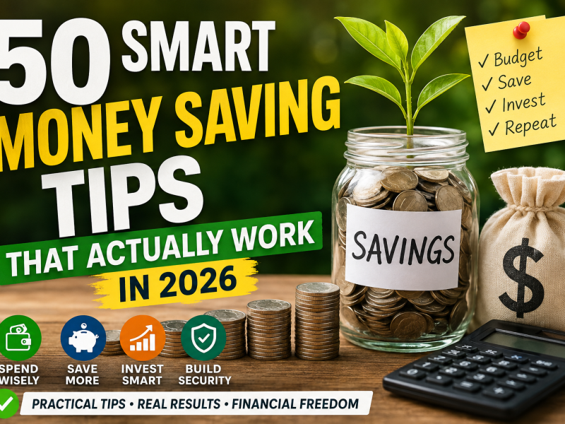 Illustration of a savings jar filled with coins, a growing plant, calculator, money bag, and stacked coins beside the headline '50 Smart Money Saving Tips That Actually Work in 2026,' representing budgeting, saving, investing, and financial freedom.